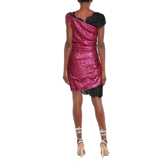 NWT Dundas Pink Sequin Mini Dress Lace Hem 40 - Picture 1 of 13